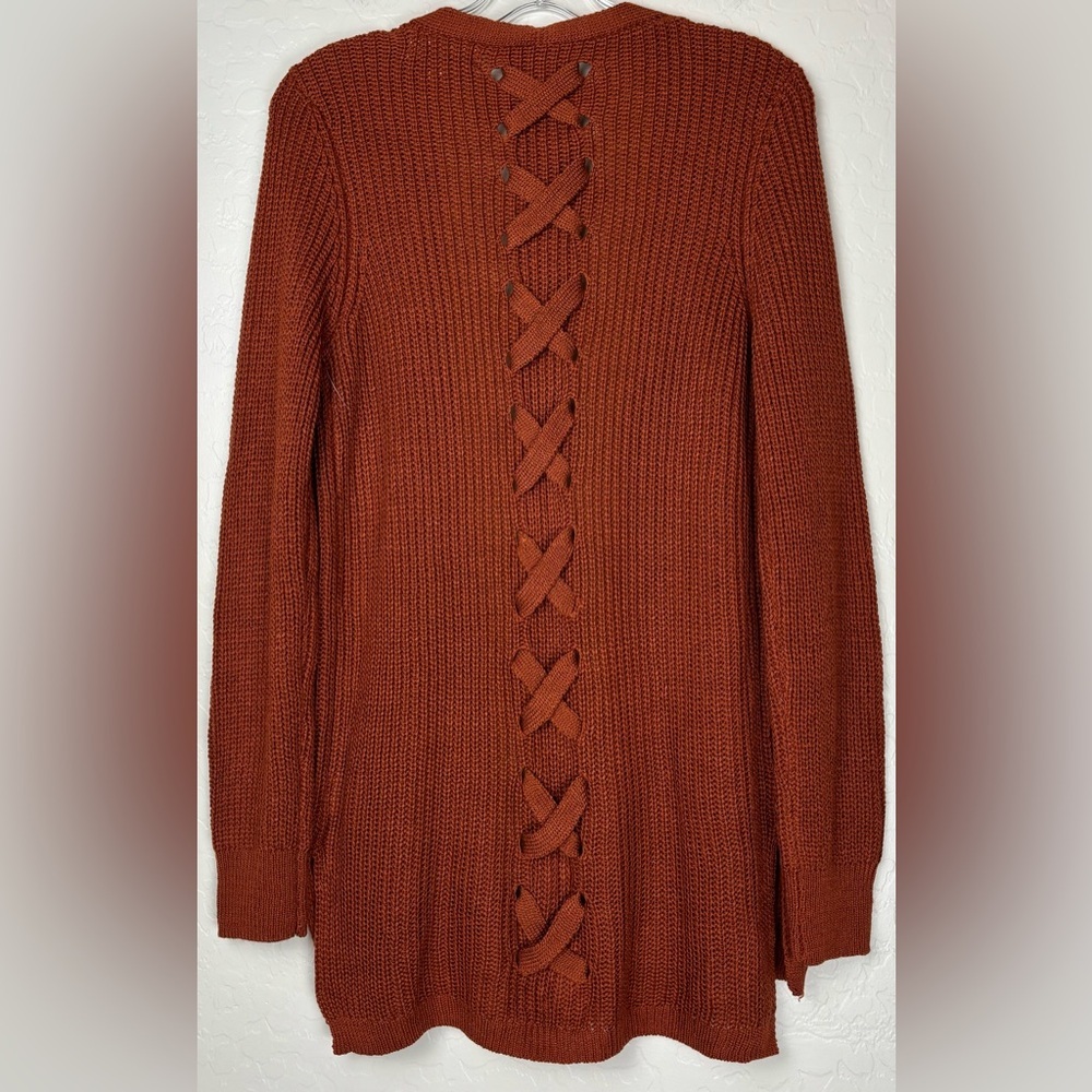 NEW Pinque‎ Jamelya Ribbon Criss Cross Lace Up Back Cardigan Rust size S 0677